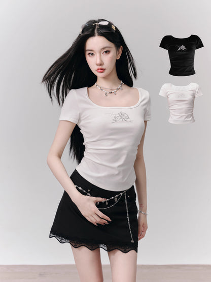 Rose Print Stretchy Cotton Square Neck Basic T-Shirt