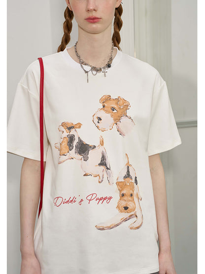 Illustrated Dog Print Round Neck Cotton T-Shirt