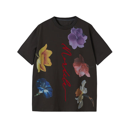 Colorful Flower Print Round Neck Cotton T-Shirt