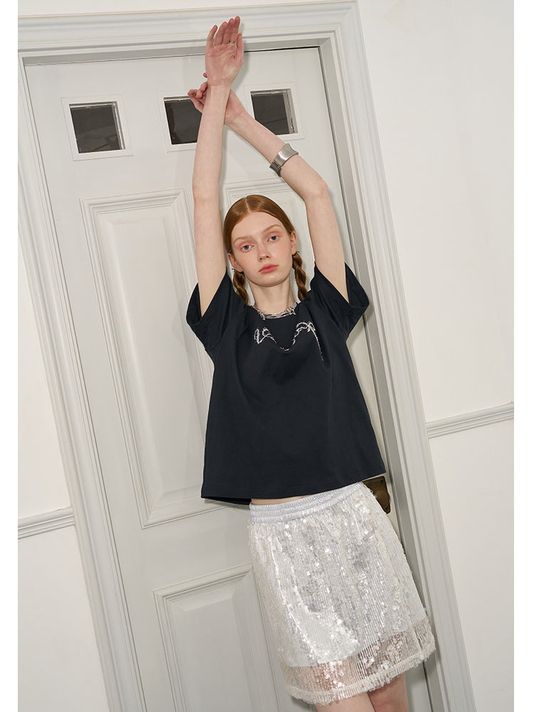 Contrast Letter Embroidery Cotton T-Shirt