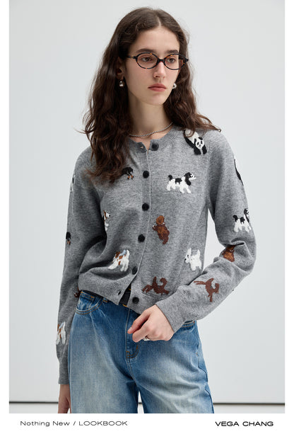 Jacquard Animal Patterned Round Neck Cardigan