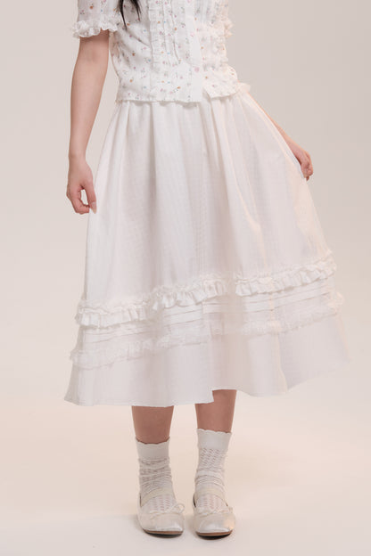 High Waist Lace Frilled Zip Up Flare Long Skirt