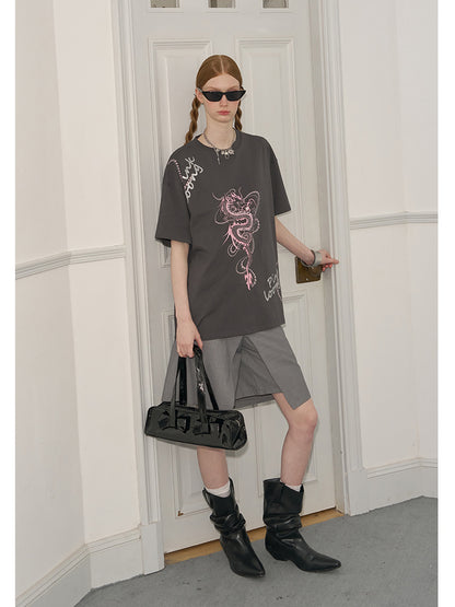 Glitter Lettered Dragon Print Oversized T-Shirt