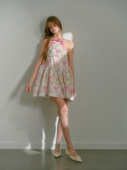 Flower Ribbon Cross Strap Floral Puffy Dress