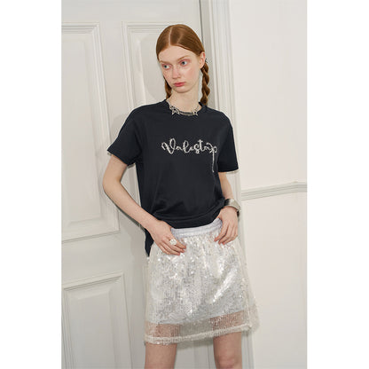 Contrast Letter Embroidery Cotton T-Shirt