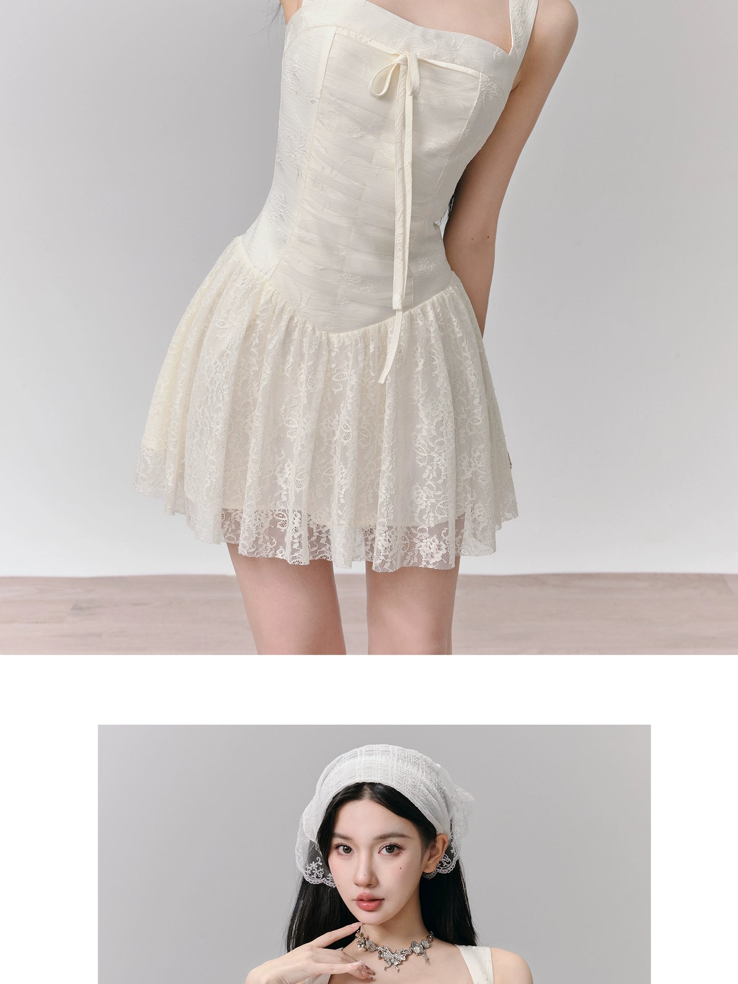 Jacquard Lace Layered Short Dress With Wide Shoulders