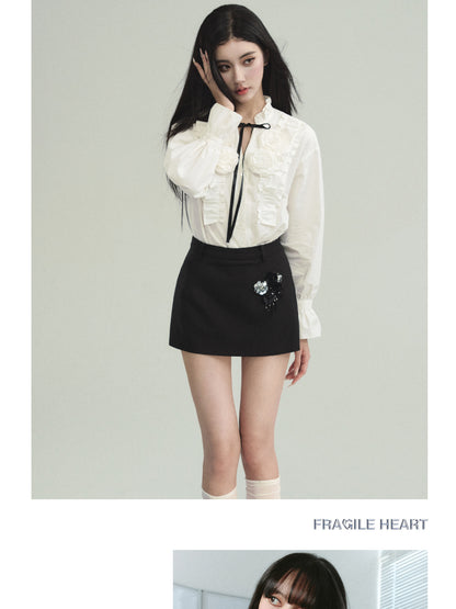 Frilled Flower Ribbon Tie Shirt, Sequin Skirt