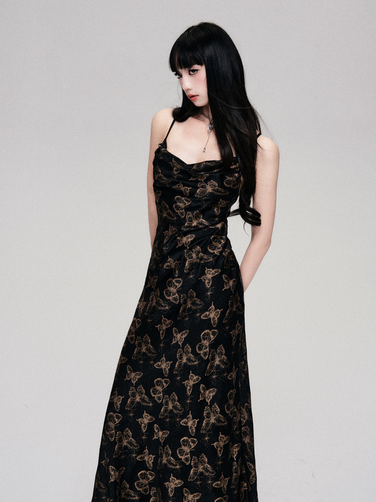 Gold-Stamped Butterfly Long Open Back Cami Dress