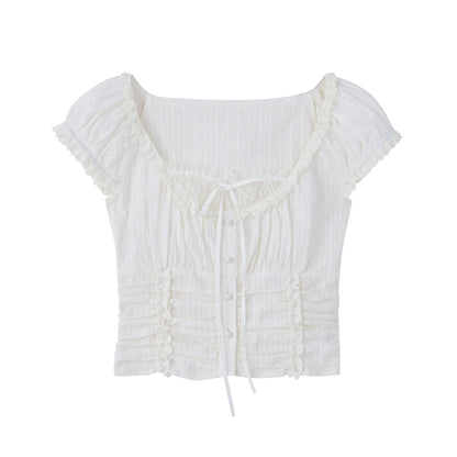 Elegant French-Style Ruched Frilled Cotton Blouse