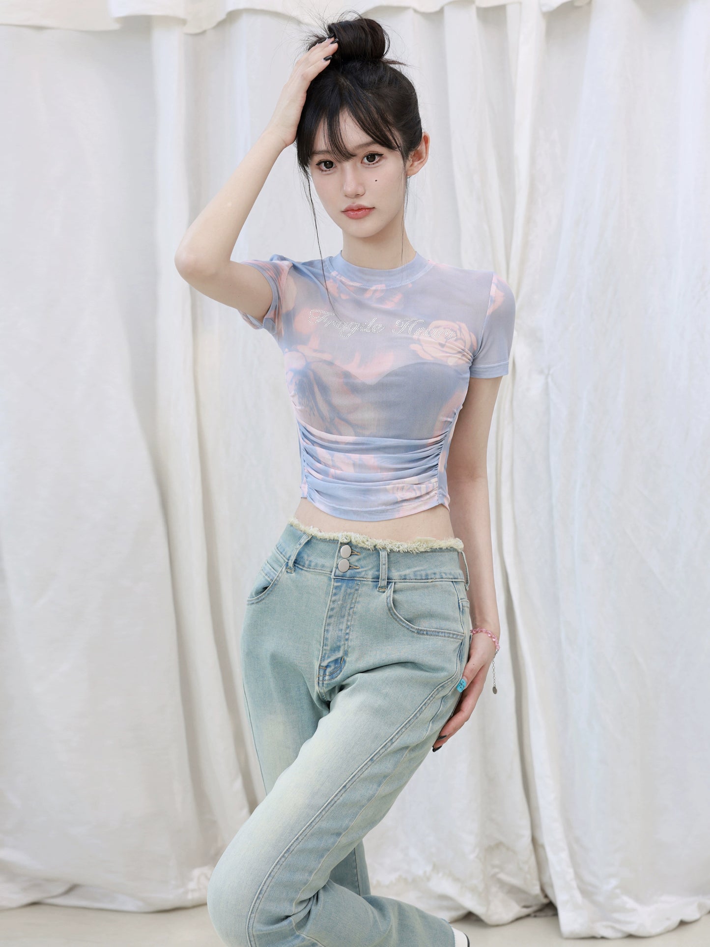 Rose Print Sheer Stretchy Ruched Mock Neck T-Shirt