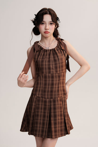 Two-Way Straps Plaid Pleated A-Line Dress