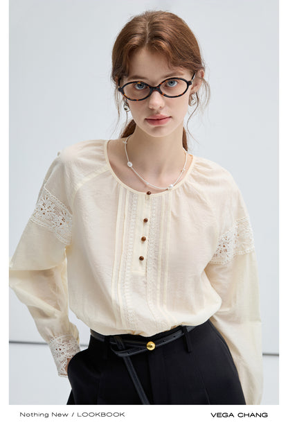 Lace Patchwork Collarless Pin Tuck Blouse