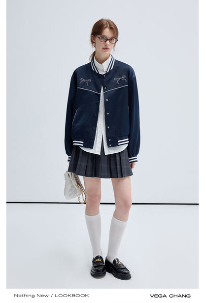 Bow Motif Embroidery Sporty Casual Varsity Jacket