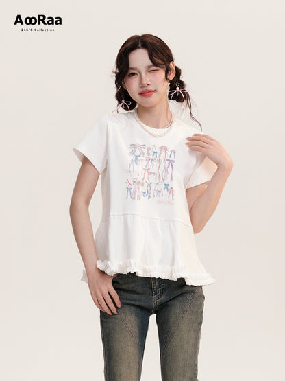 Illustrated Bows Print Frilled Hem T-Shirt