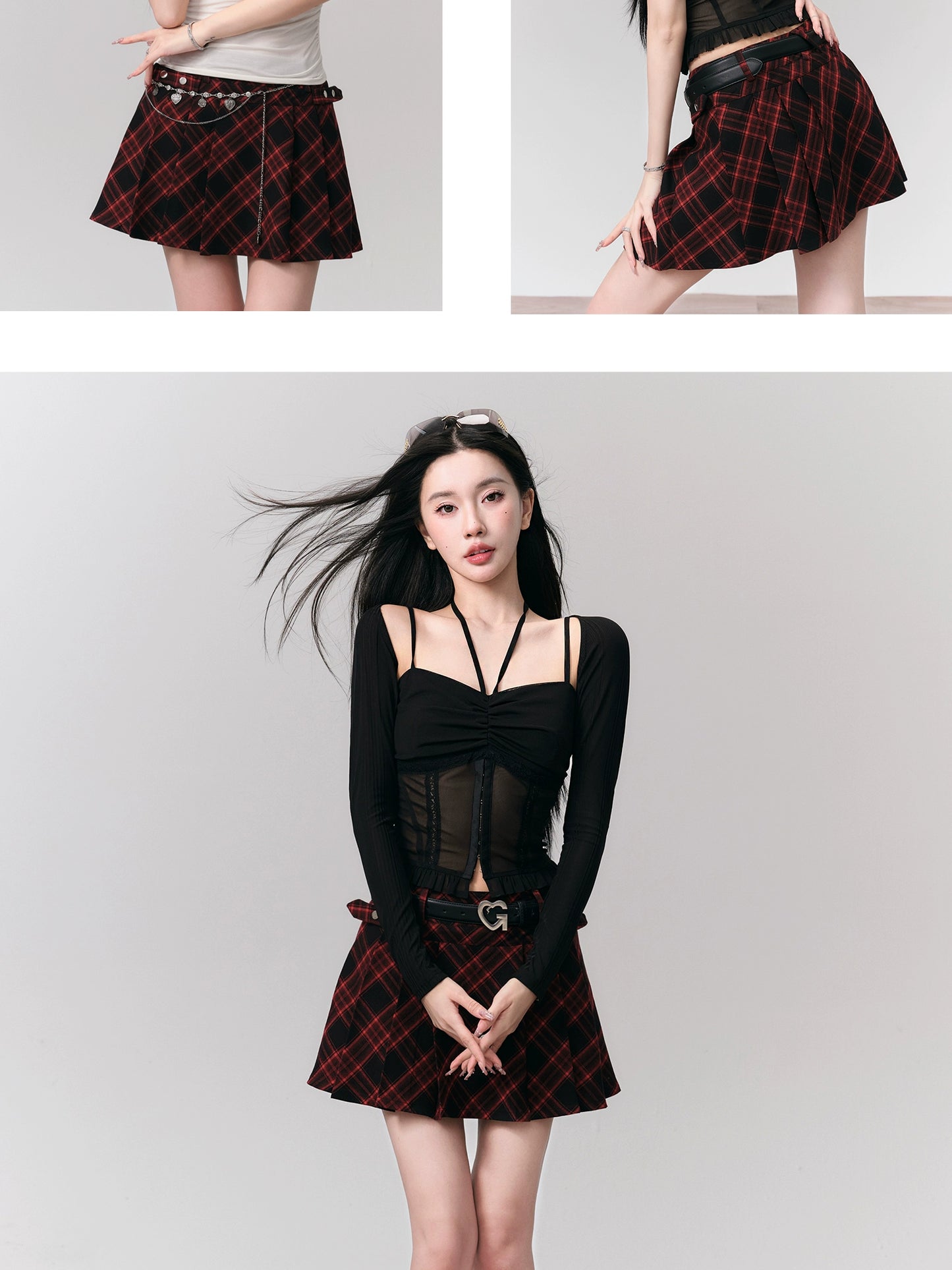 Plaid Pleated Double Waist A-Line Mini Skirt