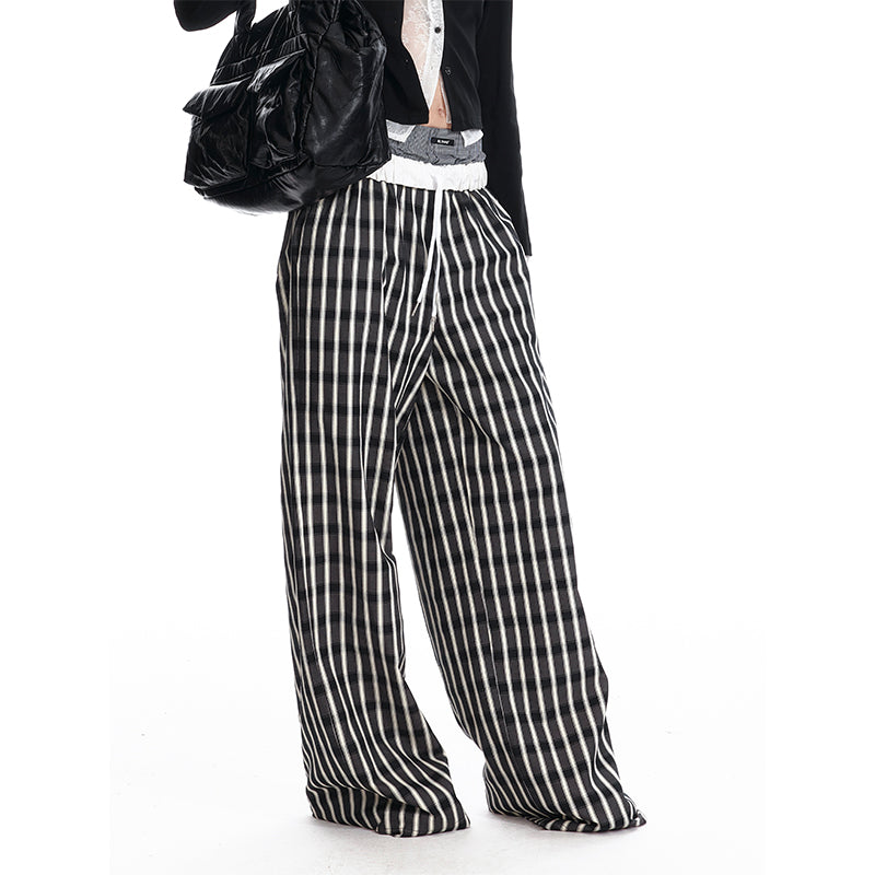 Foldable Waist Stripe-Look Checkered Pants