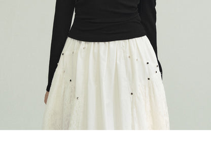 Studded Off Shoulder Top And Lace Patched Skirt