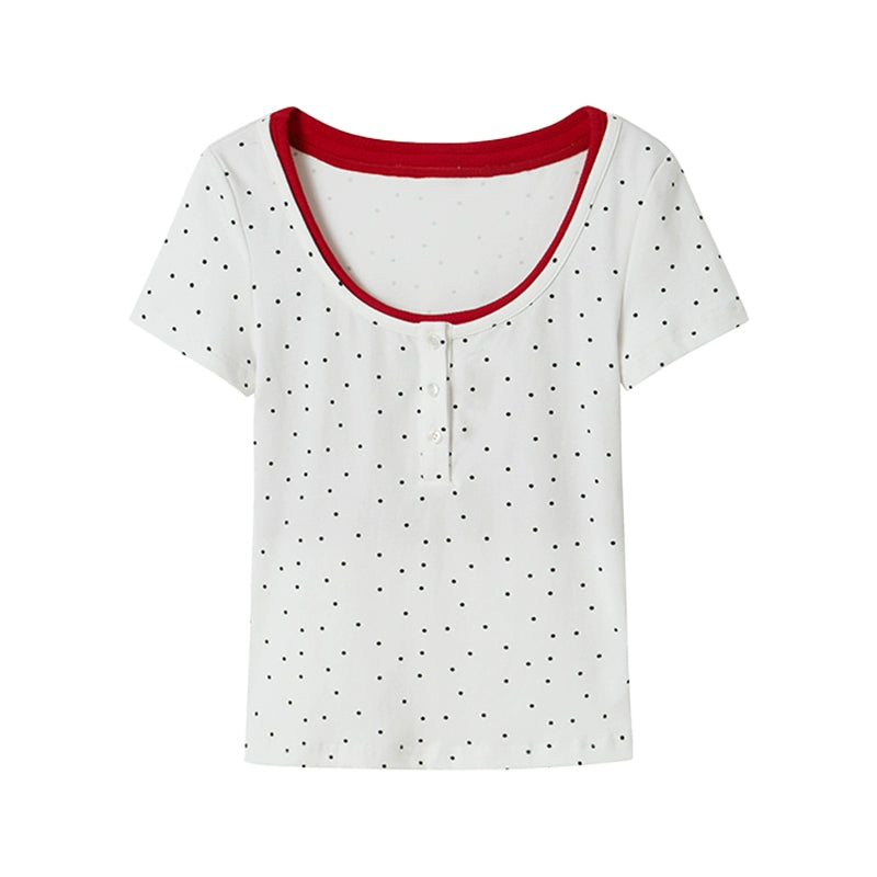 Polka Dot Contrast Faux Two-Piece Henley Neck T-Shirt