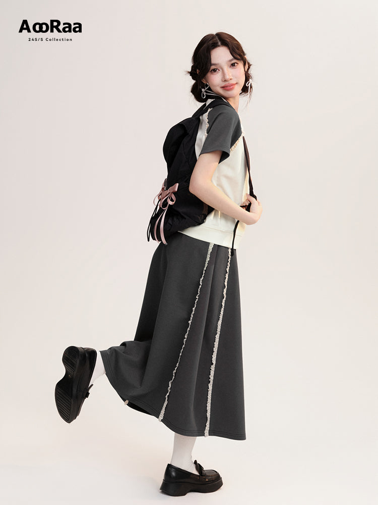 Bow Embroidery Frilled Raglan T-Shirt And Long Skirt