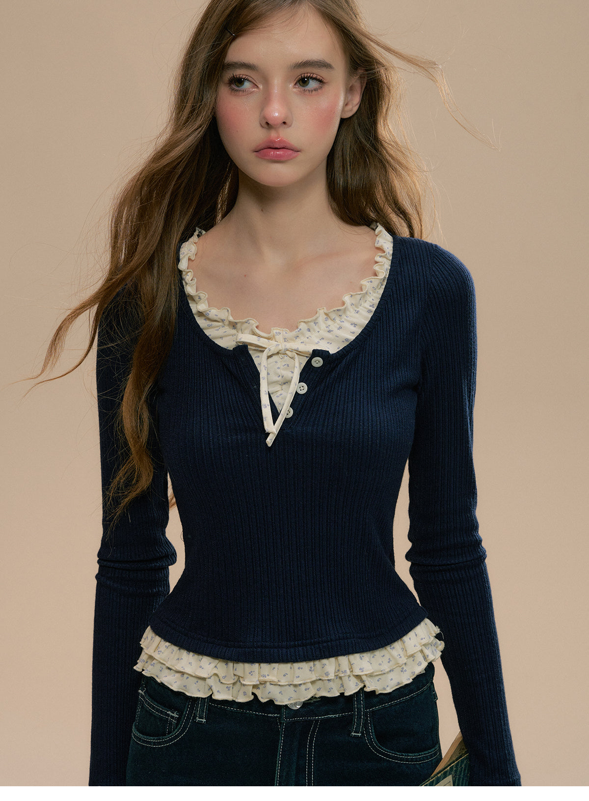 Layered-Look Rib Knit Top With Small Floral Frills