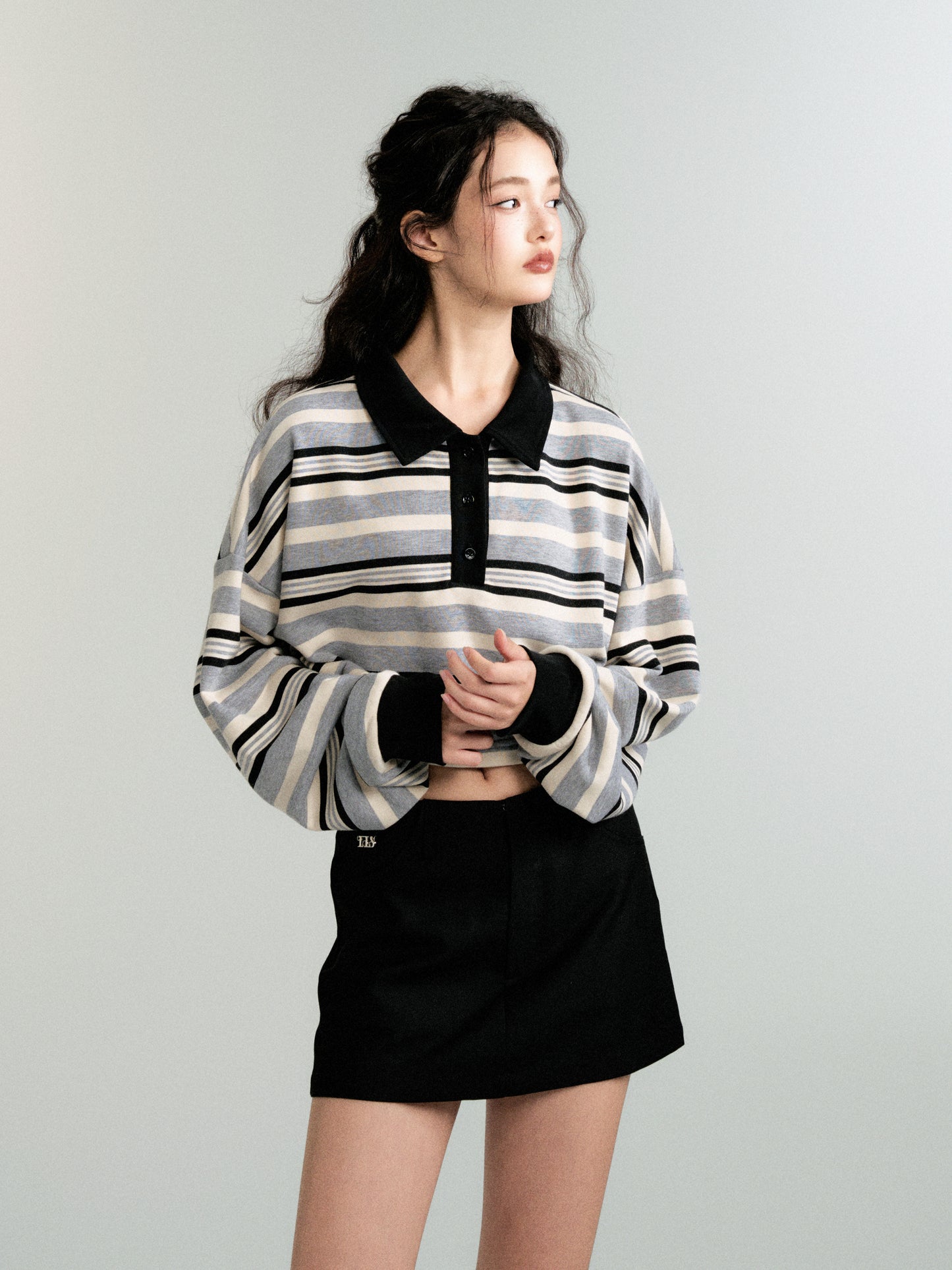 Contrast Color Cropped Stripe Polo Sweatshirt