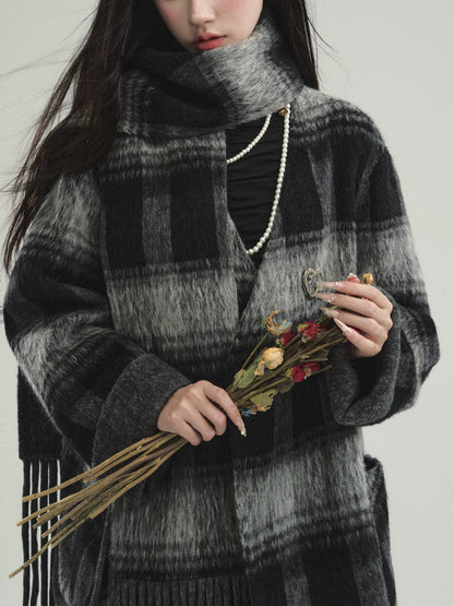 Plaid Collarless Wool Tweed Long Coat