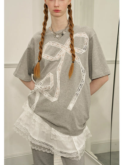 Oversized Flower Lace Bow Embroidery Cotton T-Shirt