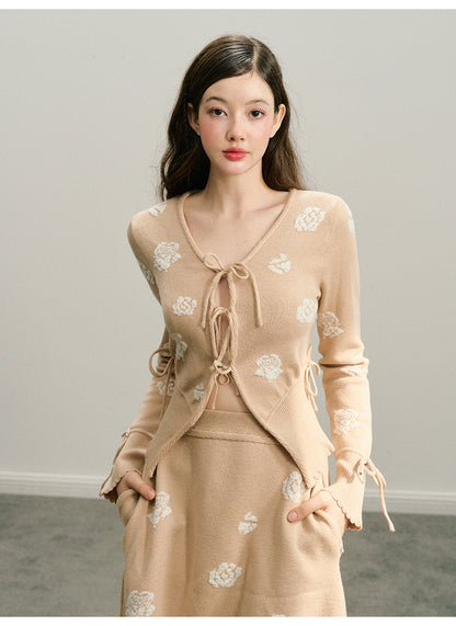 Flower Textured Jacquard Tie Knit Cardigan And Skirt