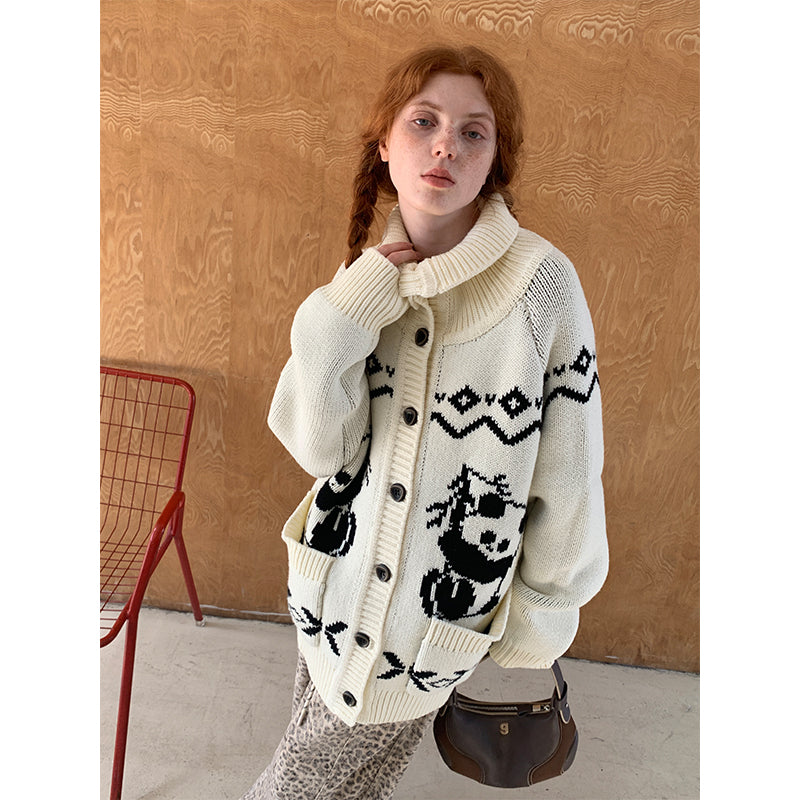 High Neck Panda Contrast Knitted Cardigan