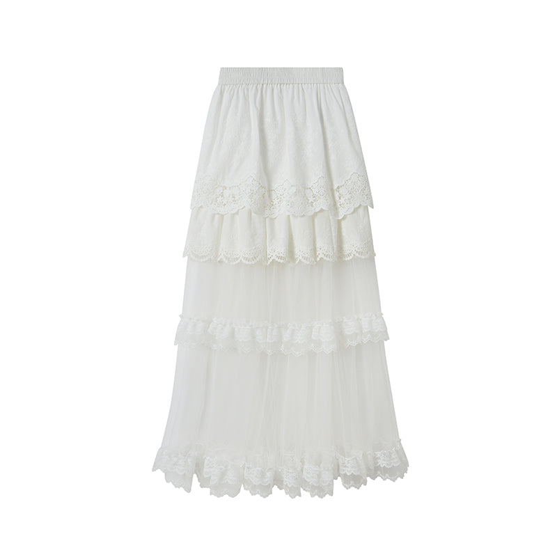 Frilled Embroidered Lace Sheer Long Skirt