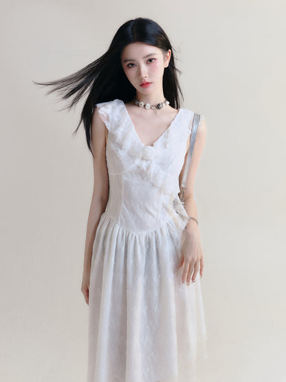 Asymmetric Flower Lace Frilled Collar Dress