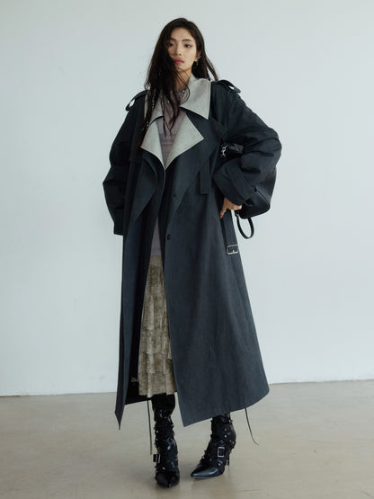 Two-Tone Belted Long Trench Coat