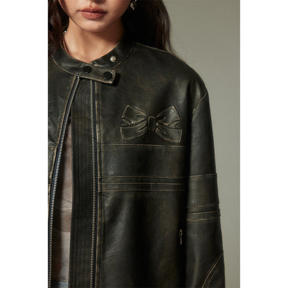 Embossed Bow Vintage-Look Faux Leather Jacket