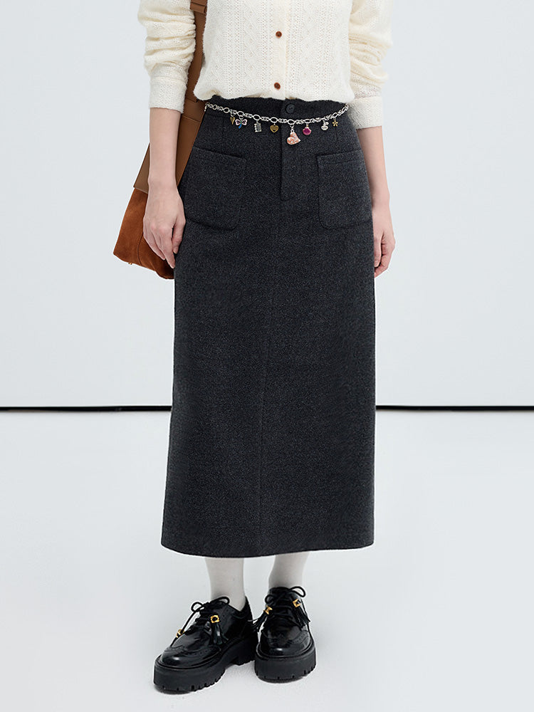 Wool Blend High Waist Pocketed Straight Long Skirt