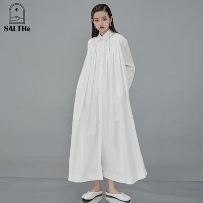 Relax Fit Pleated Cotton Long Shirt Dress