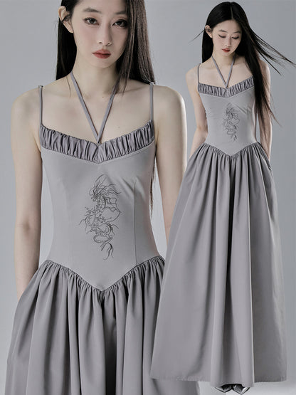 Dragon Embroidery Double-Strap Long Dress