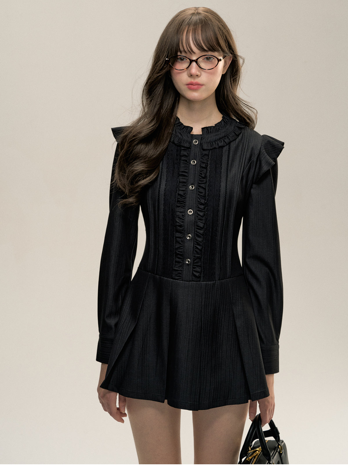 Glossy Pleated Frill Shirt Dress