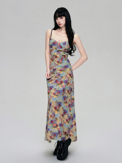 Oil Painting Style Floral Long Cami Dress