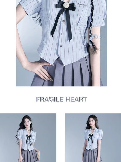 School Girl Style Rose Open Collar Shirt And Pleated Skirt