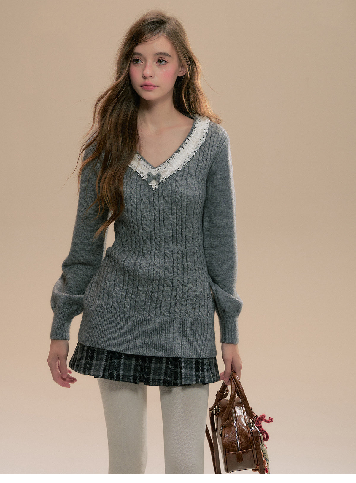 Frilled V-Neck Cable Knit Sweater