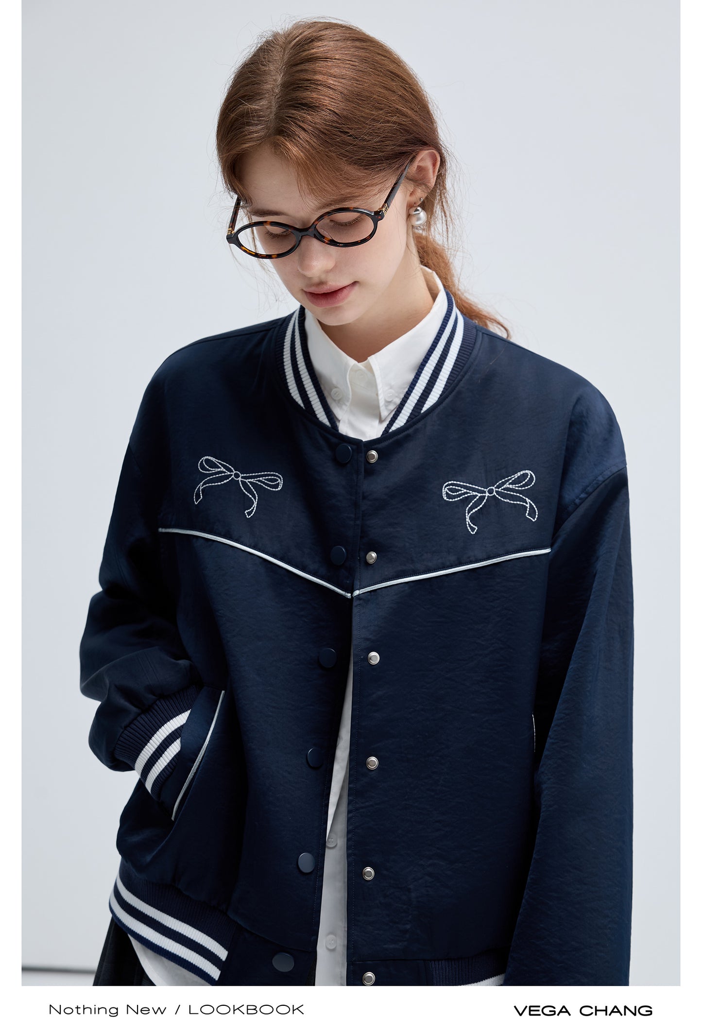 Bow Motif Embroidery Sporty Casual Varsity Jacket