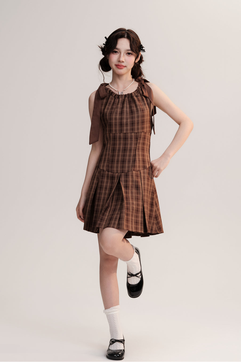 Two-Way Straps Plaid Pleated A-Line Dress