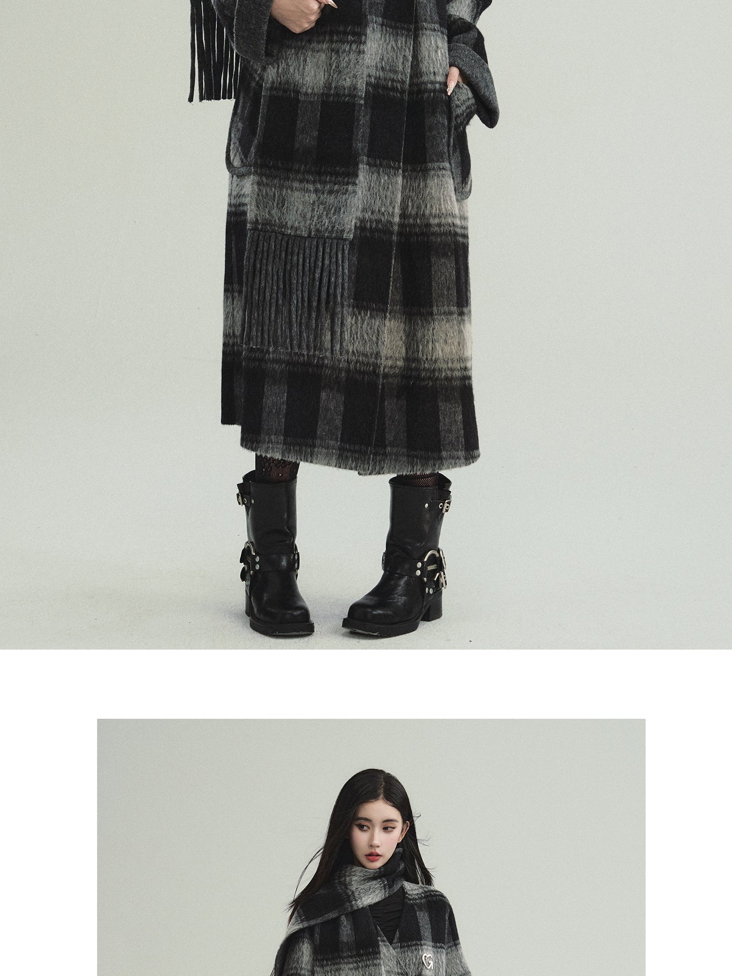 Plaid Collarless Wool Tweed Long Coat