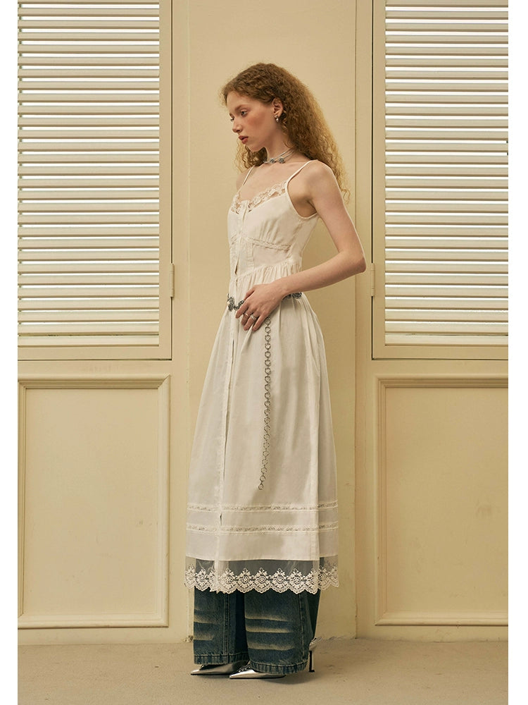 Elegant Summer Camisole Long Dress With Lace Details