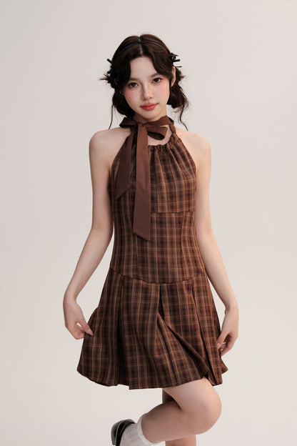 Two-Way Straps Plaid Pleated A-Line Dress