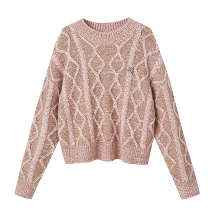 Geometric Cable Knit Round Neck Sweater