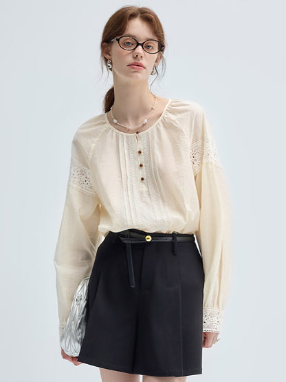 Lace Patchwork Collarless Pin Tuck Blouse