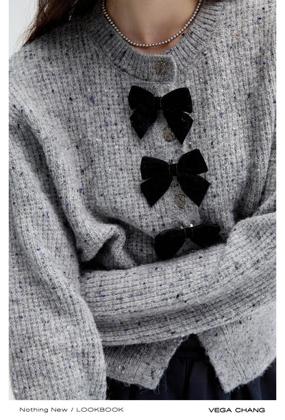 Melange Cardigan With Velvet Bow Accents