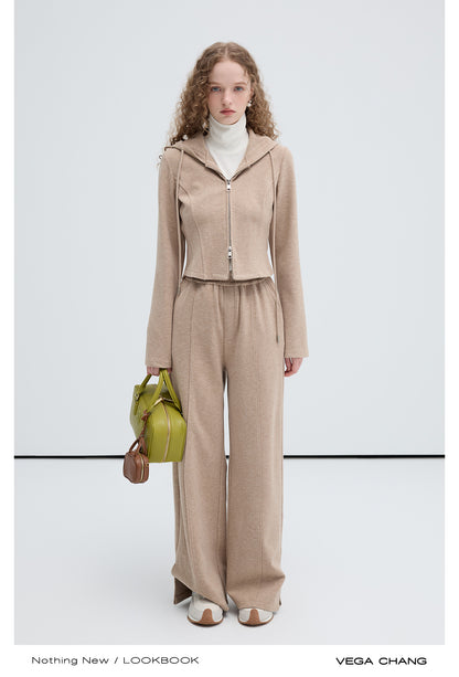 Hooded Zip Up Cardigan And Wide Pants Suit