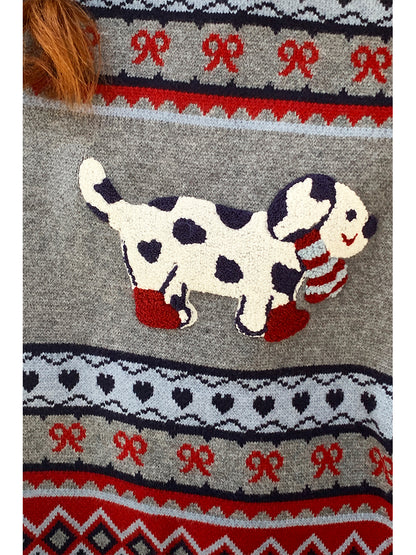 Dressed Puppy Embroidery Crew Neck Knit Sweater